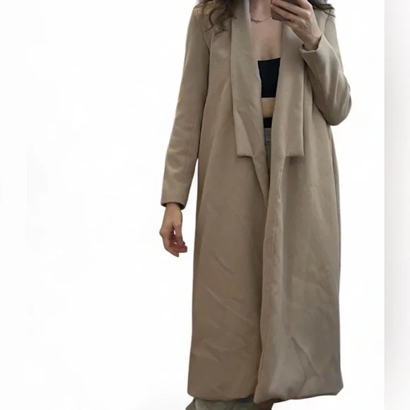 Boohoo Beige Long Open Front Duster Coat Size Small - Picture 2 of 9
